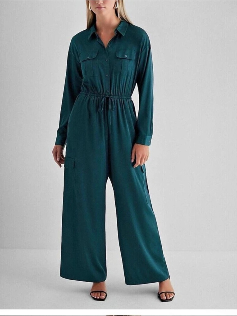Express Satin Utility Jumpsuit Women's Wide-Leg Green Jumpsuit